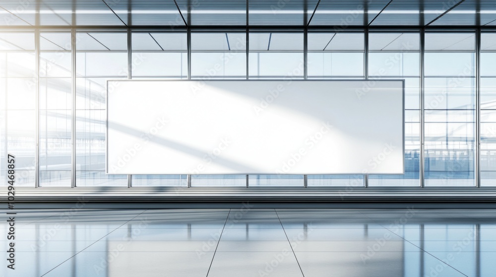 Poster a bright office space features a large empty display board against a backdrop of glass walls, with s