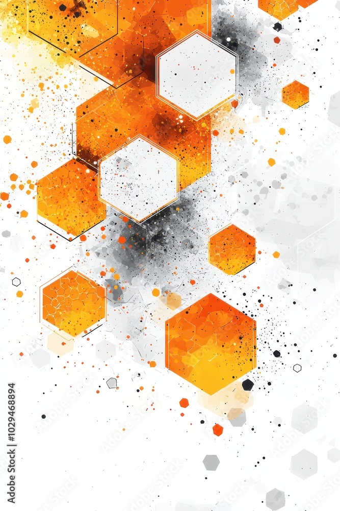 Poster abstract orange and white geometric hexagons with dynamic gradients and textures creating a vibrant 