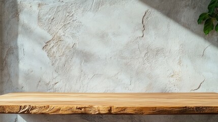Empty wooden table top with wall background and sunlight shadow for product display presentation, natural lighting