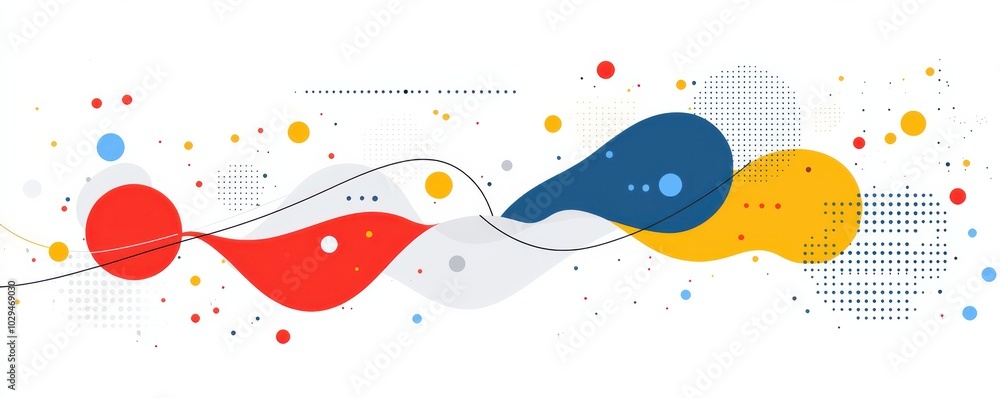 Poster abstract illustration featuring vibrant shapes and multicolored dots in a dynamic wave pattern