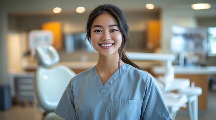 Fototapeta premium Smiling dental professional in scrubs at a modern clinic during daylight