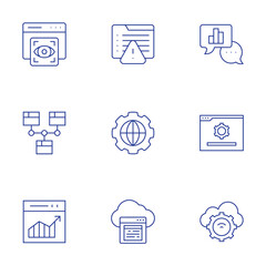 Seo icons set. Thin Line style, editable stroke. analytic, browser, cloud, view, warning, web traffic, website, world