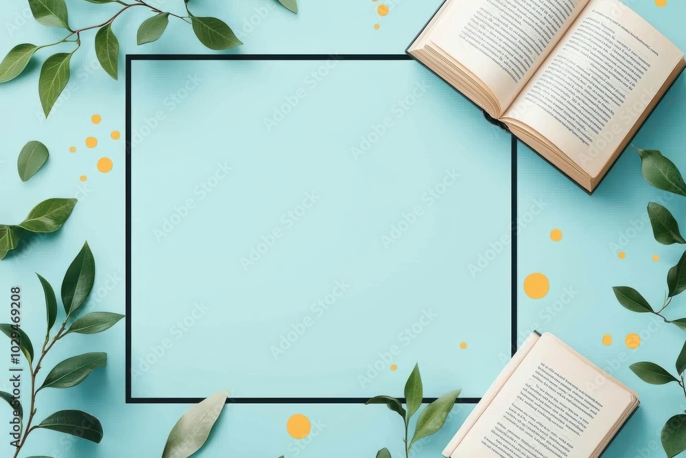 Poster open book with blank pages surrounded by vibrant green leaves on a turquoise background creating a s