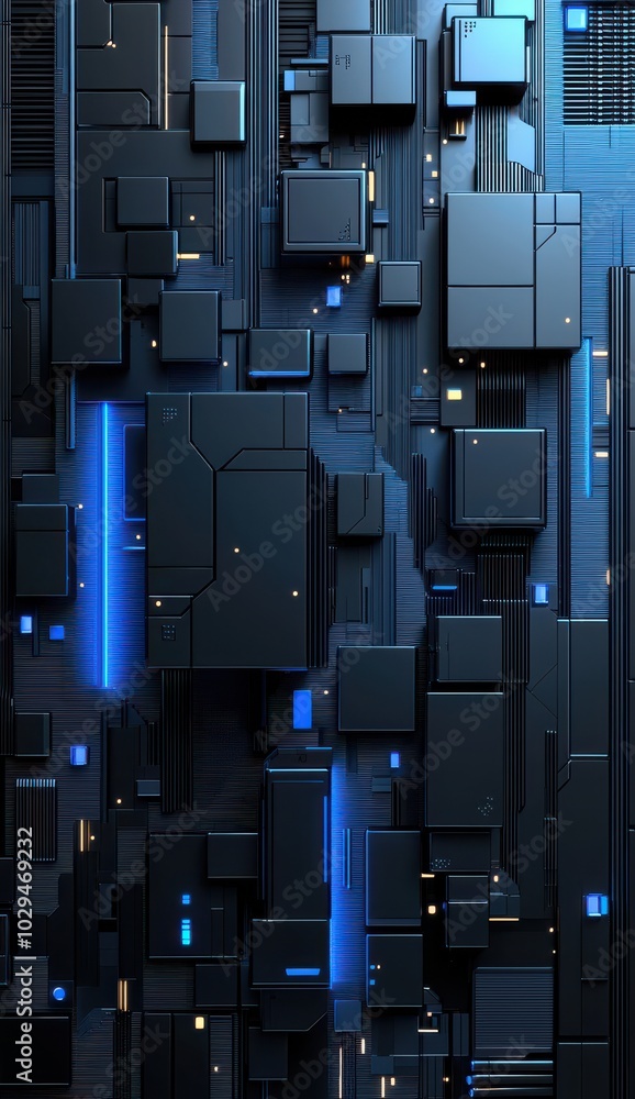 Poster abstract digital art background featuring blue geometric patterns and circuit designs for mobile tec