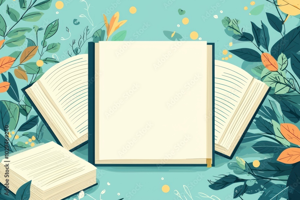 Poster a4 frame with blank space at the center surrounded by open books and green leaves on a turquoise bac