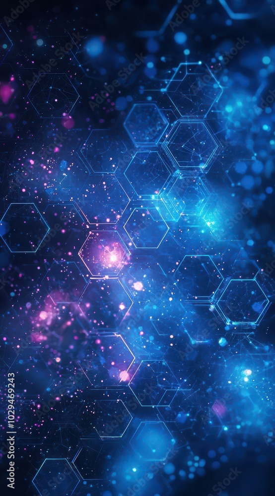 Poster abstract digital background featuring vibrant geometric shapes with neon circles and lines for mobil
