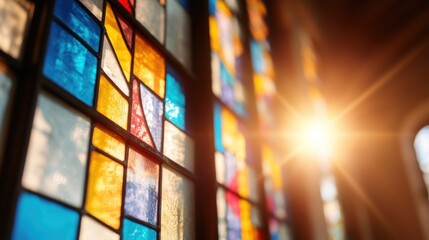 Golden light shining through the stained glass windows of an old church, symbolizing the beauty of religious architecture and spirituality