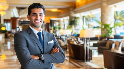 A friendly young man dressed in a tailored suit stands confidently with his arms crossed in an elegant hotel lobby filled with natural light and stylish furnishings, embodying hospitality