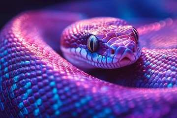 Obraz premium Close-up of a snake with vibrant, iridescent scales in neon light