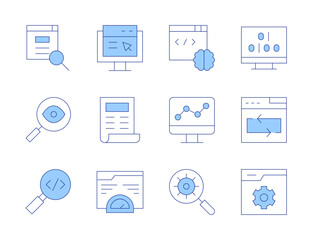 Seo icons. Line Duotone style, editable stroke. coding, seo report, searching, web development, improvement, repeat, optimization, insight, magnifying glass, analytics, binary code