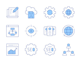 Seo icons. Line Duotone style, editable stroke. save file, seo, sitemap, web traffic, people, laptop, globe, global, interfaces, eye, process