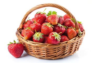 Red strawberries in wicker basket isolated on white background