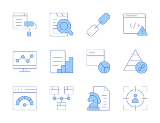 Seo icons. Line Duotone style, editable stroke. content strategy, target audience, theme, web analytics, website, report, line graph, link, pyramid, internet, coding, analytics