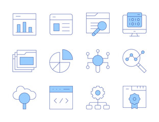 Seo icons. Line Duotone style, editable stroke. search, web, website, validation, encryption, tabs, seo, statistics, hierarchy, pie chart, analytics, code