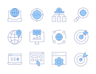 Seo icons. Line Duotone style, editable stroke. seo and web, target, seo, goal, laptop, internet, geolocation, coding, framework, browser, click