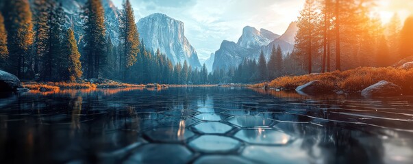 Abstract hexagon wallpaper of Yosemite National Park with a stunning mountain landscape and serene lake view