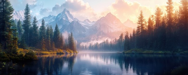 Obraz premium Abstract hexagon design with scenic mountain landscape and sunset sky, featuring snowy peaks and a serene natural environment