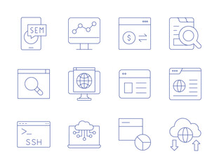 Seo icons. Thin Line style, editable stroke. sem, seo, ssh, transaction, web analytics, website, analytics, browser, cloud service, cloud