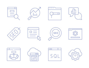 Seo icons. Thin Line style, editable stroke. searching, seo, sql, sitemap, analysis, analytic, browser, cloud