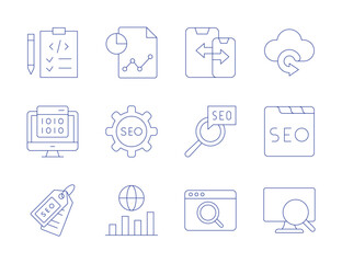 Seo icons. Thin Line style, editable stroke. encryption, restore, seo, report, responsive design, tag, planning