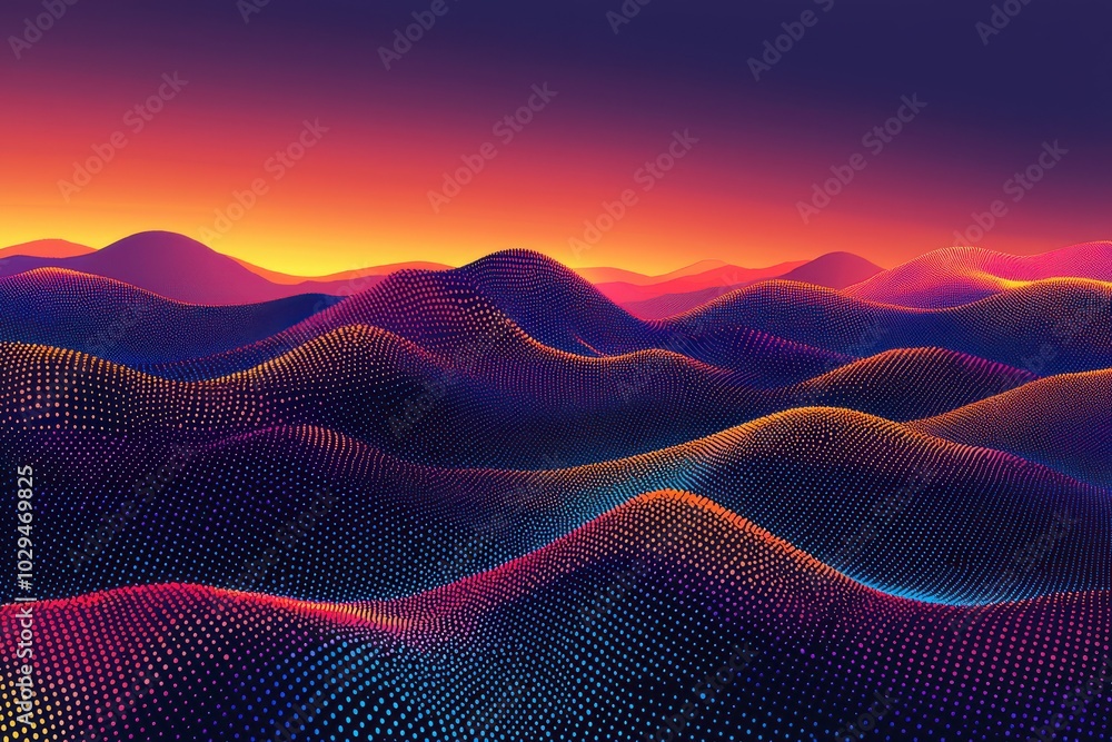 Poster vibrant abstract pixel art landscape with colorful, flowing waves and dynamic light effects creating