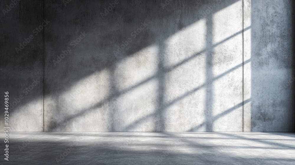 Poster sunlight filters through a window, creating striking geometric patterns on a smooth concrete wall in