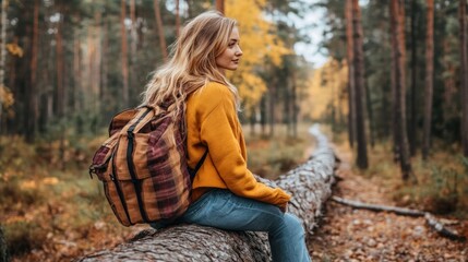 Obraz premium A young woman in a cozy sweater and jeans rests on a fallen log surrounded by vibrant autumn foliage, enjoying the serene atmosphere of the forest