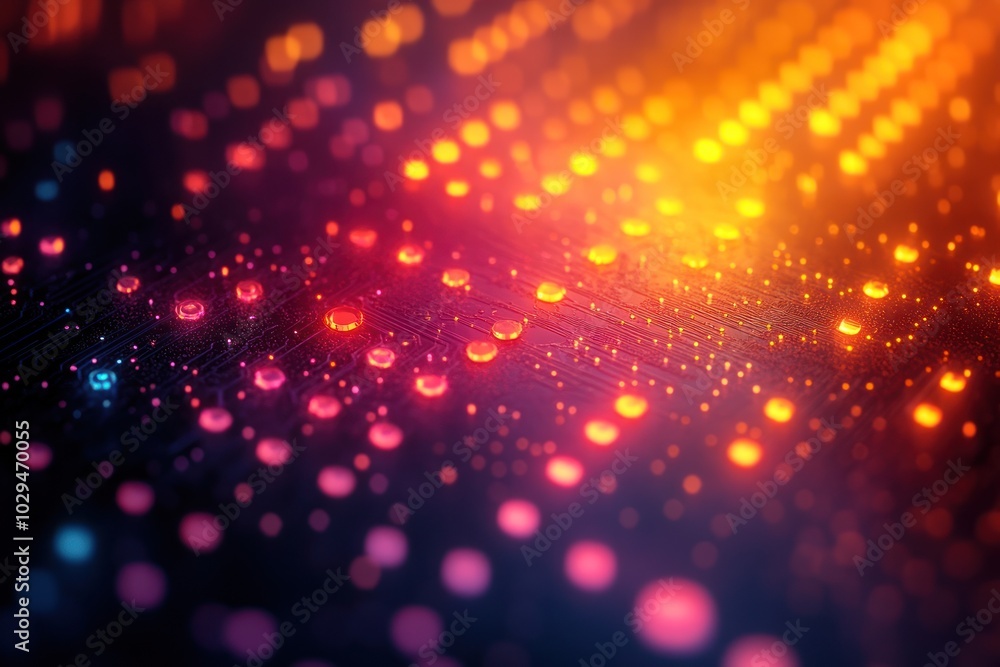 Poster a vibrant digital abstract with glowing dots and lines, suggesting technology and data flow.