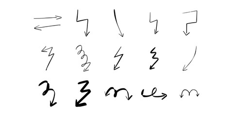 Arrows. Set of trendy doodle and abstract random icons on isolated background. Big element collection, unusual organic shapes in freehand style.