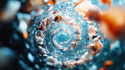 A colorful vortex of various seashells spins within the ocean depths, captured in a dazzling whirl of marine life and vibrant hues, depicting oceanic wonder and whimsy.