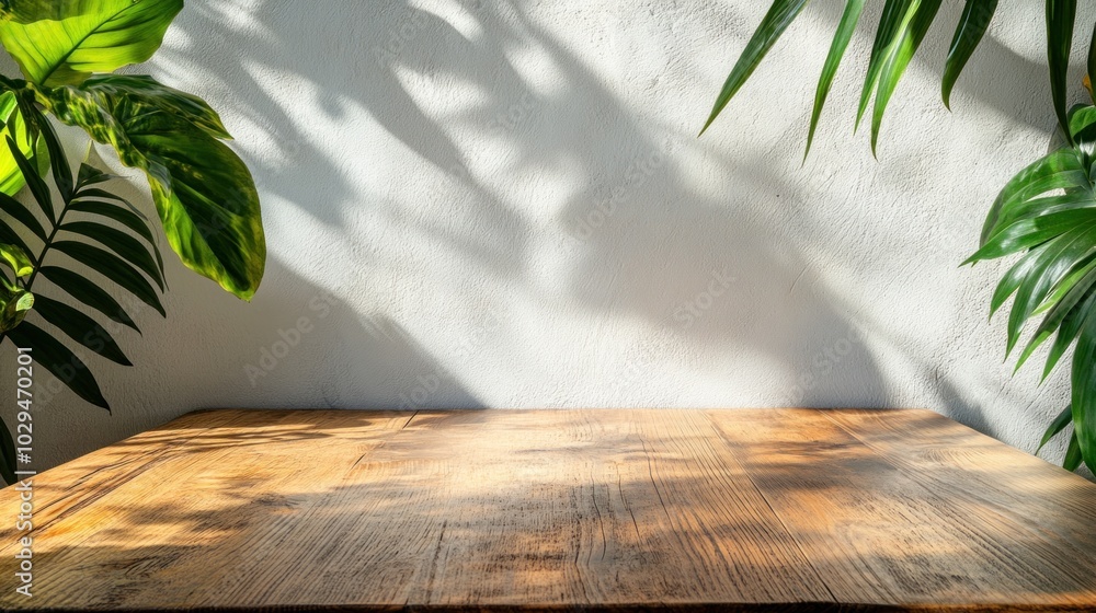 Poster sunlight streams through large green leaves, creating fascinating shadows on a weathered wooden tabl
