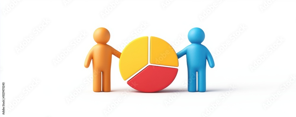 Poster three yellow figures collaborating on colorful pie chart sections, teamwork and cooperation concept 