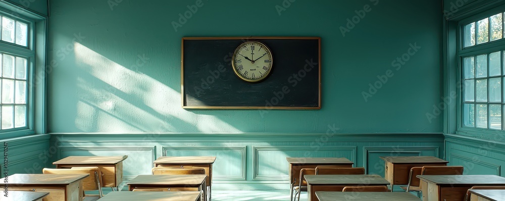 Poster an empty classroom with neatly arranged desks and chairs, featuring a blackboard and a clock on the 
