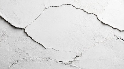Obraz premium A cracked white wall reveals significant structural damage, showcasing large fissures that suggest wear from time and environmental factors in a residential setting
