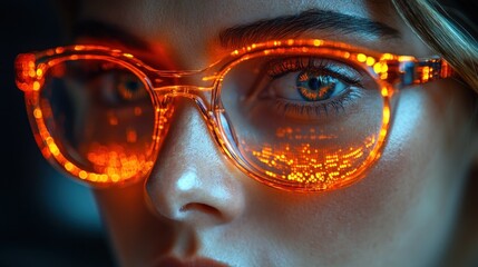 The person gazes intensely through colorful illuminated glasses, which reflect bright lights and patterns, creating an eye-catching effect. The dark background enhances the luminous display
