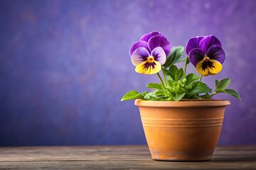 Stock photo of purple and yellow pansy in ceramic pot against lavender background