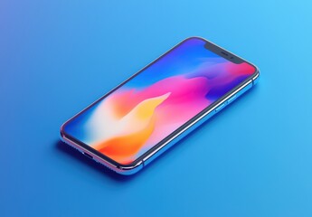 Isometric view of iPhone mockup with a vibrant multicolored screen on a blue background featuring green leaves