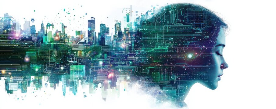 Abstract illustration of a woman's profile integrated with digital technology and cityscape elements, symbolizing artificial intelligence and future innovation.
