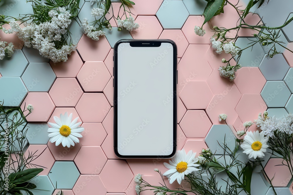 Poster modern smartphone with blank screen surrounded by daisies and greenery on hexagonal patterned surfac