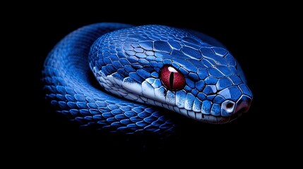 Fototapeta premium Close-up image of a blue snake's head with a red dot in its eye