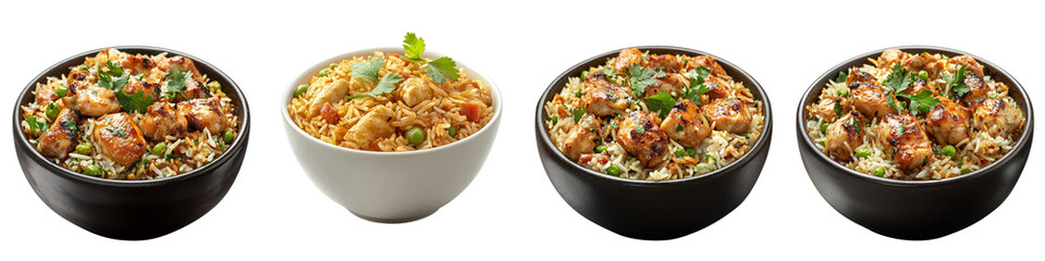 collection Set of A bowl of biryani with chicken pieces, isolated on a transparent background cutout, PNG file