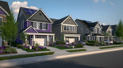 A row of houses equipped with solar panels, representing a neighborhood powered by clean energy.