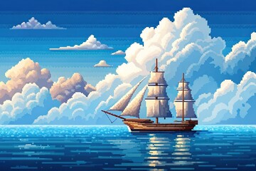 Pixel art of a sailboat sailing in the ocean with clouds in the sky regatta Low Angle