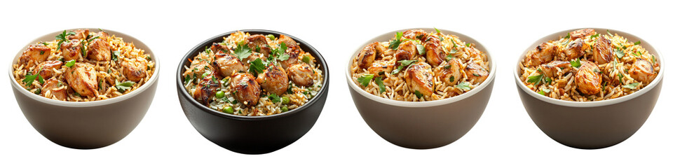 collection Set of A bowl of biryani with chicken pieces, isolated on a transparent background cutout, PNG file