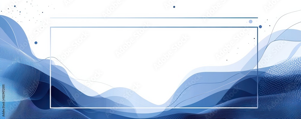 Poster abstract blue and white background with rectangular frame and flowing wave patterns for modern desig