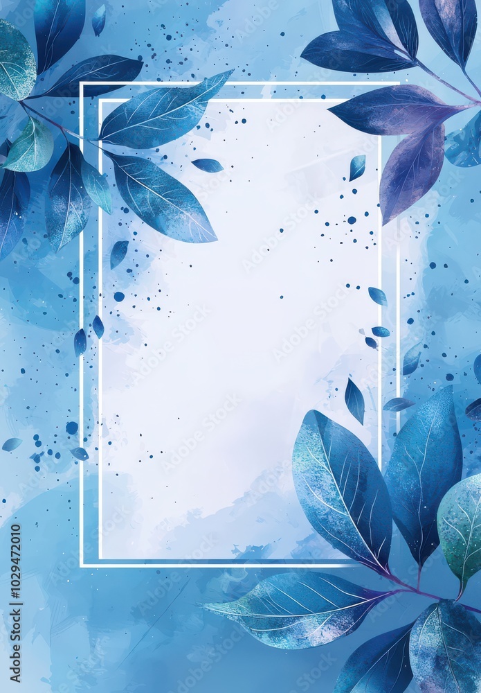 Poster elegant blue and white background with artistic leafy frame design with abstract elements for creati
