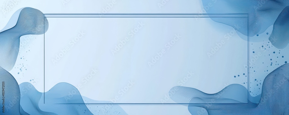 Poster blue and white background with decorative rectangular frame and abstract botanical elements