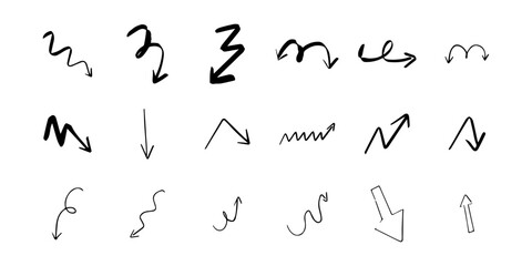 Arrows. Set of trendy doodle and abstract random icons on isolated background. Big element collection, unusual organic shapes in freehand style.
