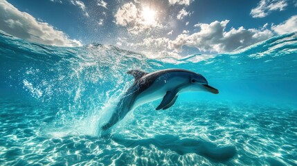 Fototapeta premium A dolphin leaps out of the water, creating a splash and a wave. The sun shines brightly in the sky above.