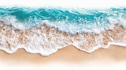 Top-down view of ocean waves gently washing onto a sandy beach, with frothy white foam meeting golden sand